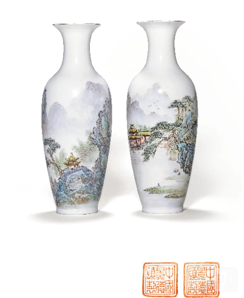 70年代 薄胎粉彩山水纹瓶一对
